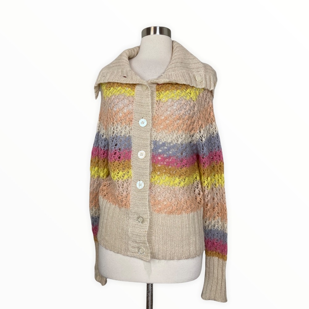 Free People Women’s Pastel Rainbow Stripe Mohair Button Front Cardigan Sweater